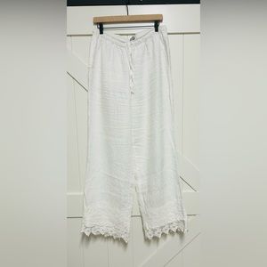 Kenar 100% linen white pants with embroidered hem